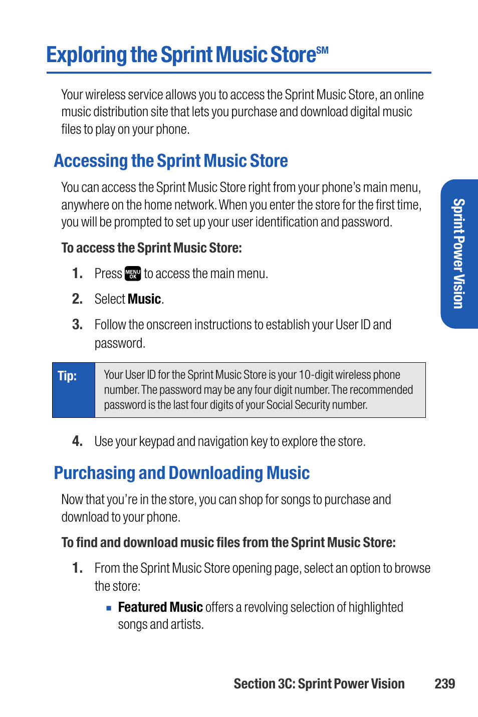 Exploring the sprint music s, Exploring the sprint music store, Accessing the sprint music store | Purchasing and downloading music | Sanyo M1 User Manual | Page 255 / 284