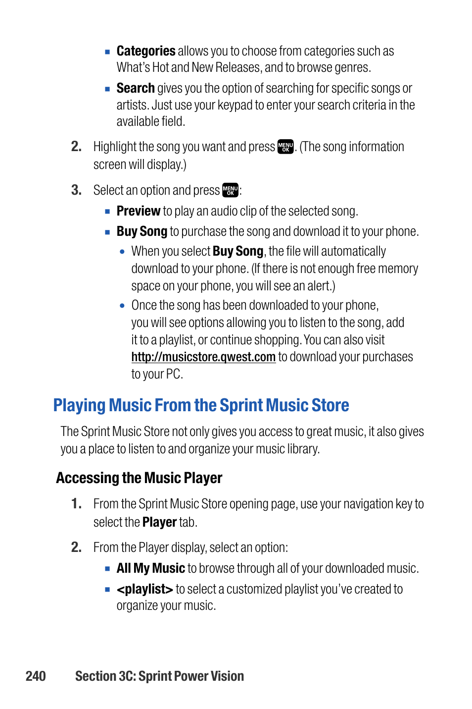 Playing music from the sprint music store, Accessing the music player | Sanyo M1 User Manual | Page 256 / 284