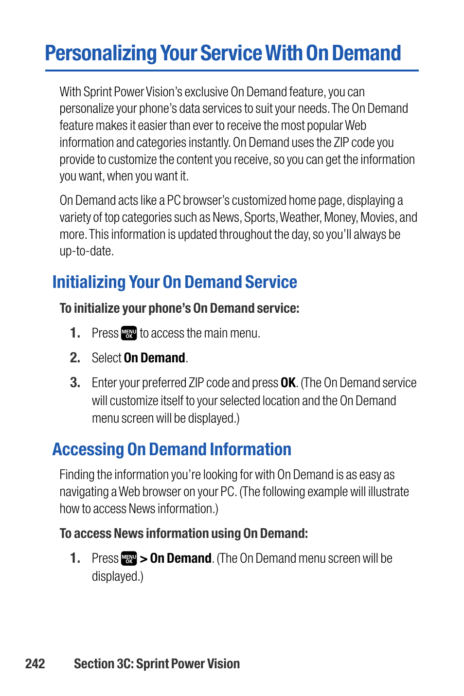 Personalizing your service w, Personalizing your service with on demand, Initializing your on demand service | Accessing on demand information | Sanyo M1 User Manual | Page 258 / 284