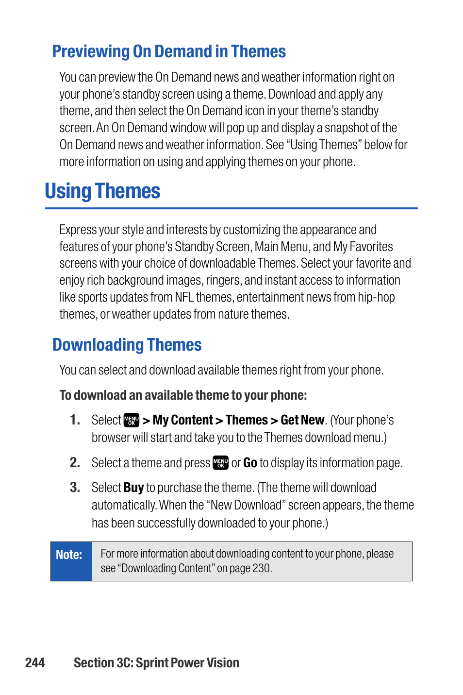 Using themes, Previewing on demand in themes, Downloading themes | Sanyo M1 User Manual | Page 260 / 284