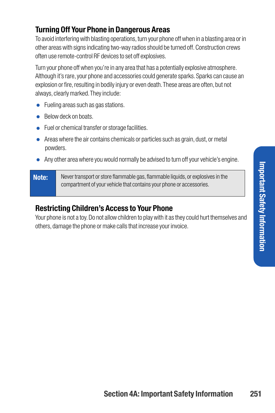 Restricting children’s access to your phone, Important safety information | Sanyo M1 User Manual | Page 267 / 284