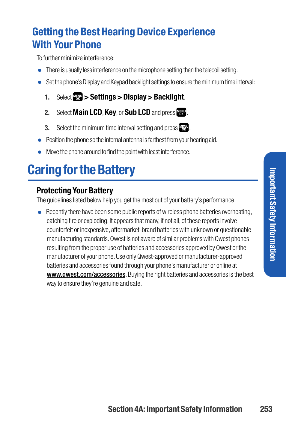 Caring for the battery, Protecting your battery, Important safety information | Sanyo M1 User Manual | Page 269 / 284