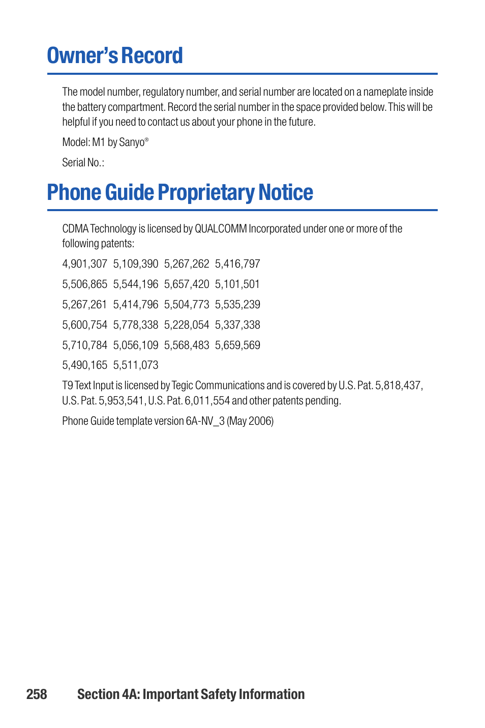 Owner’s record, Phone guide proprietary notice | Sanyo M1 User Manual | Page 274 / 284