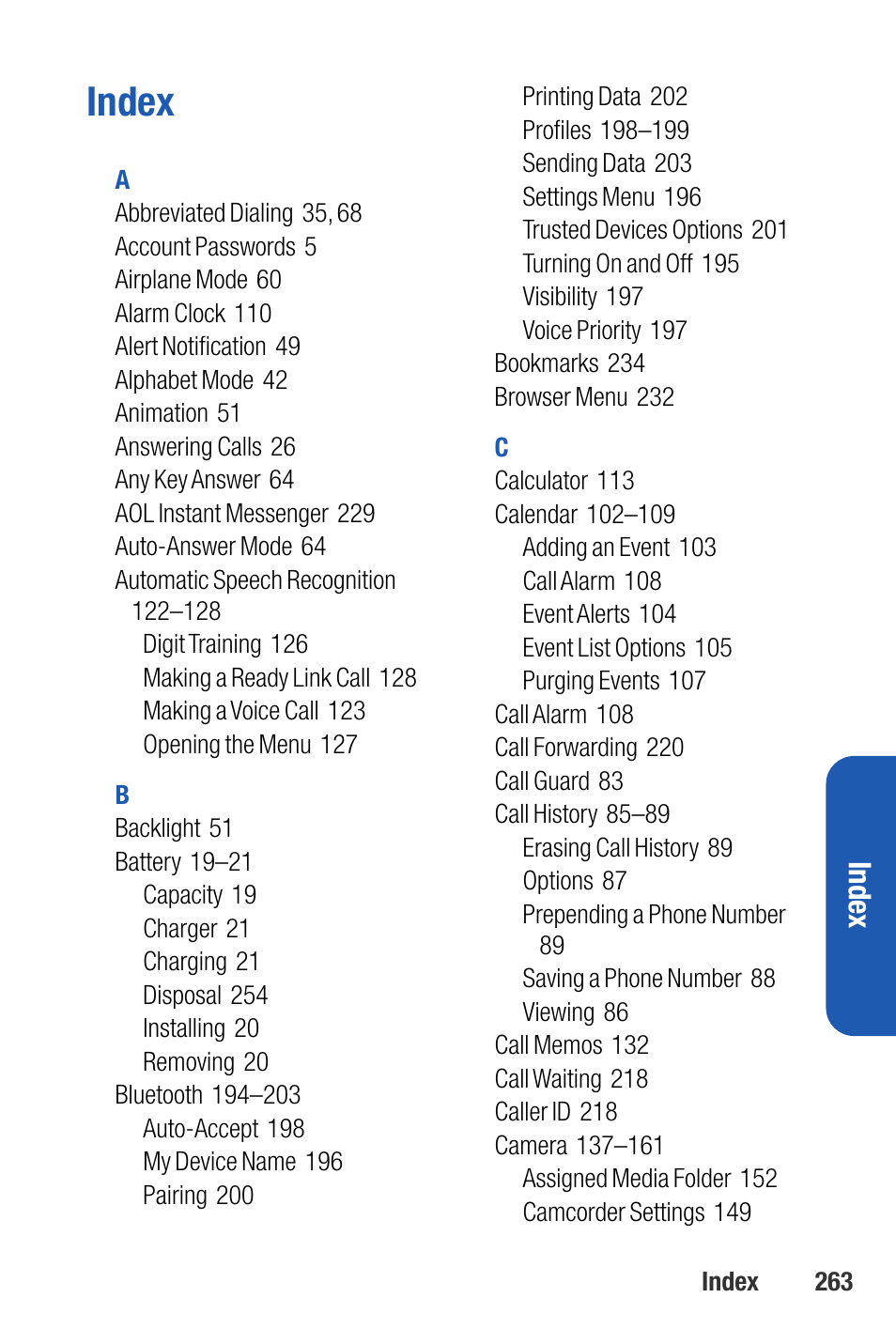 Index, Inde x | Sanyo M1 User Manual | Page 279 / 284