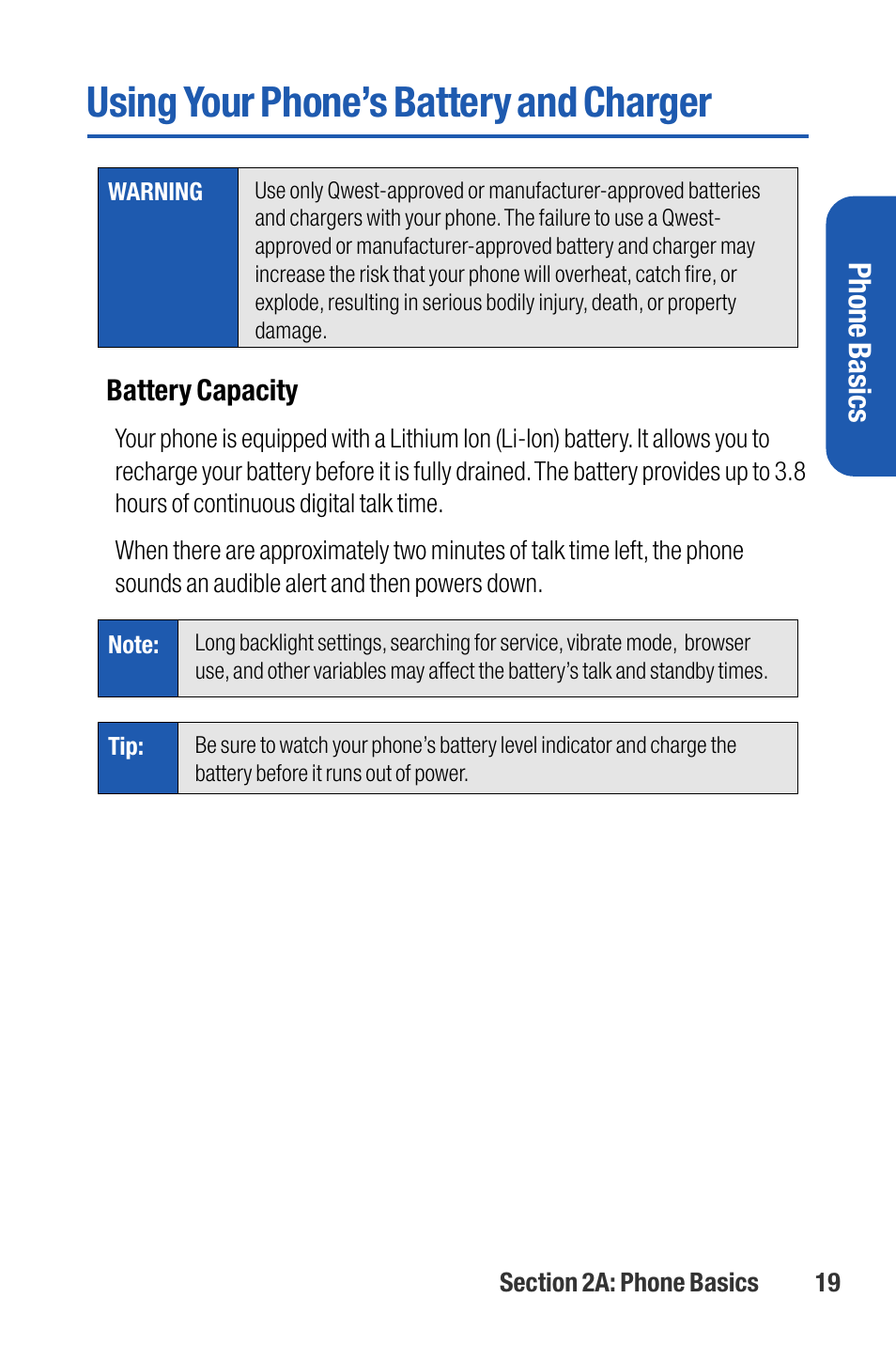 Using your phone’s battery a, Using your phone’s battery and charger, Phone basics | Sanyo M1 User Manual | Page 35 / 284