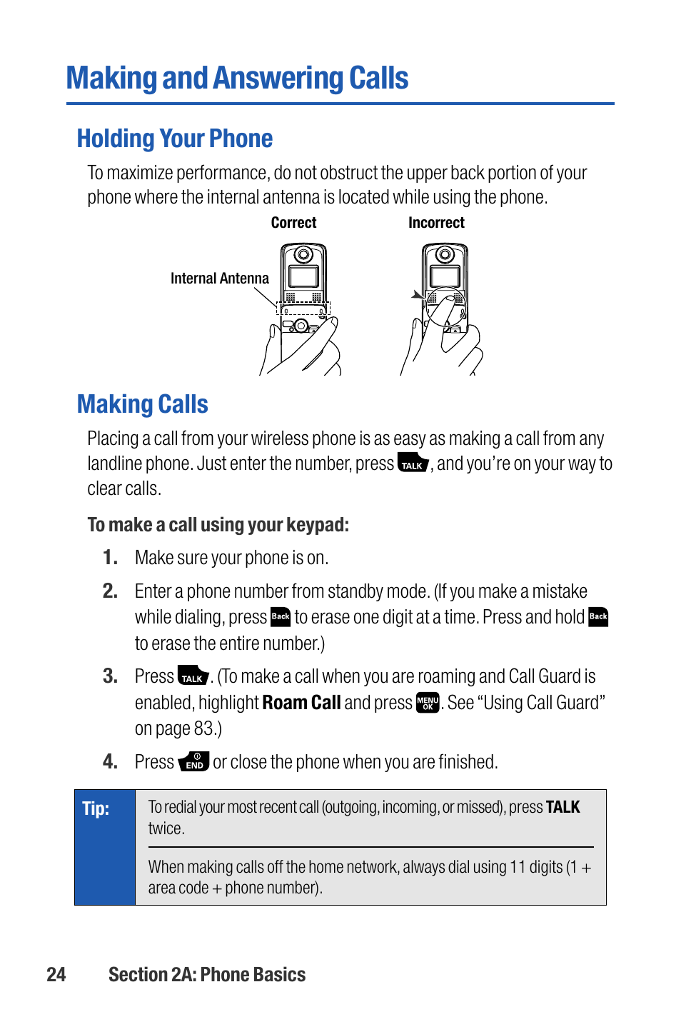 Making and answering calls, Holding your phone, Making calls | Sanyo M1 User Manual | Page 40 / 284