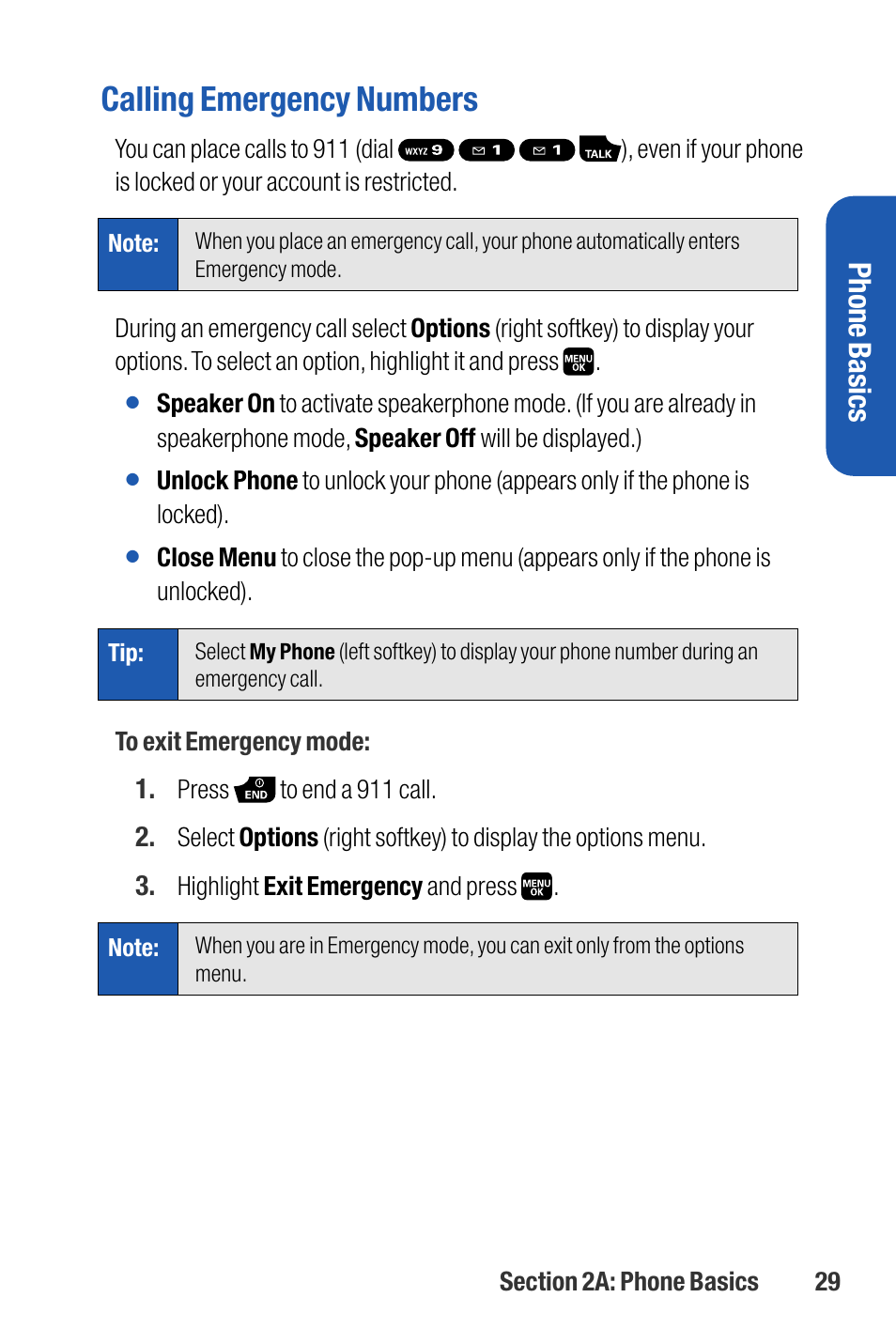 Calling emergency numbers, Phone basics | Sanyo M1 User Manual | Page 45 / 284