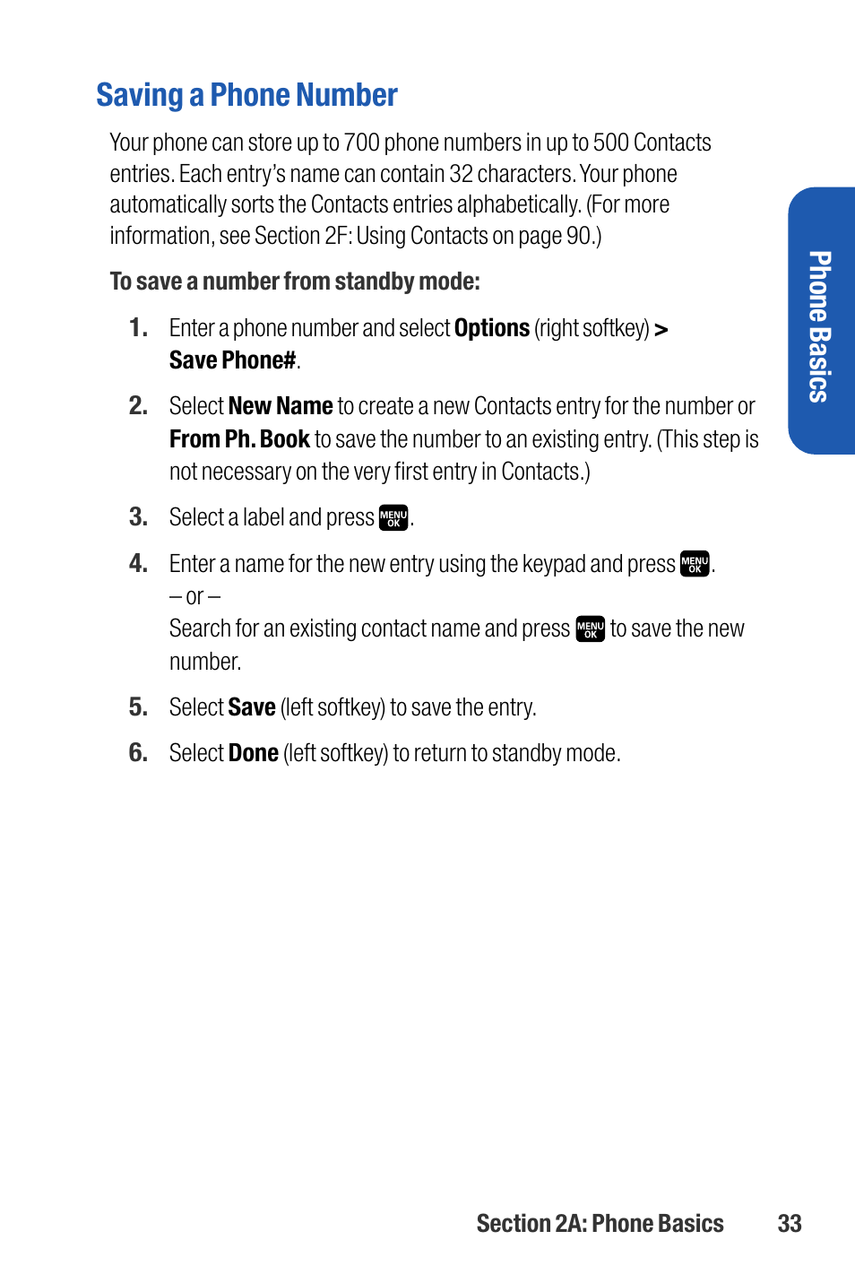 Saving a phone number, Phone basics | Sanyo M1 User Manual | Page 49 / 284