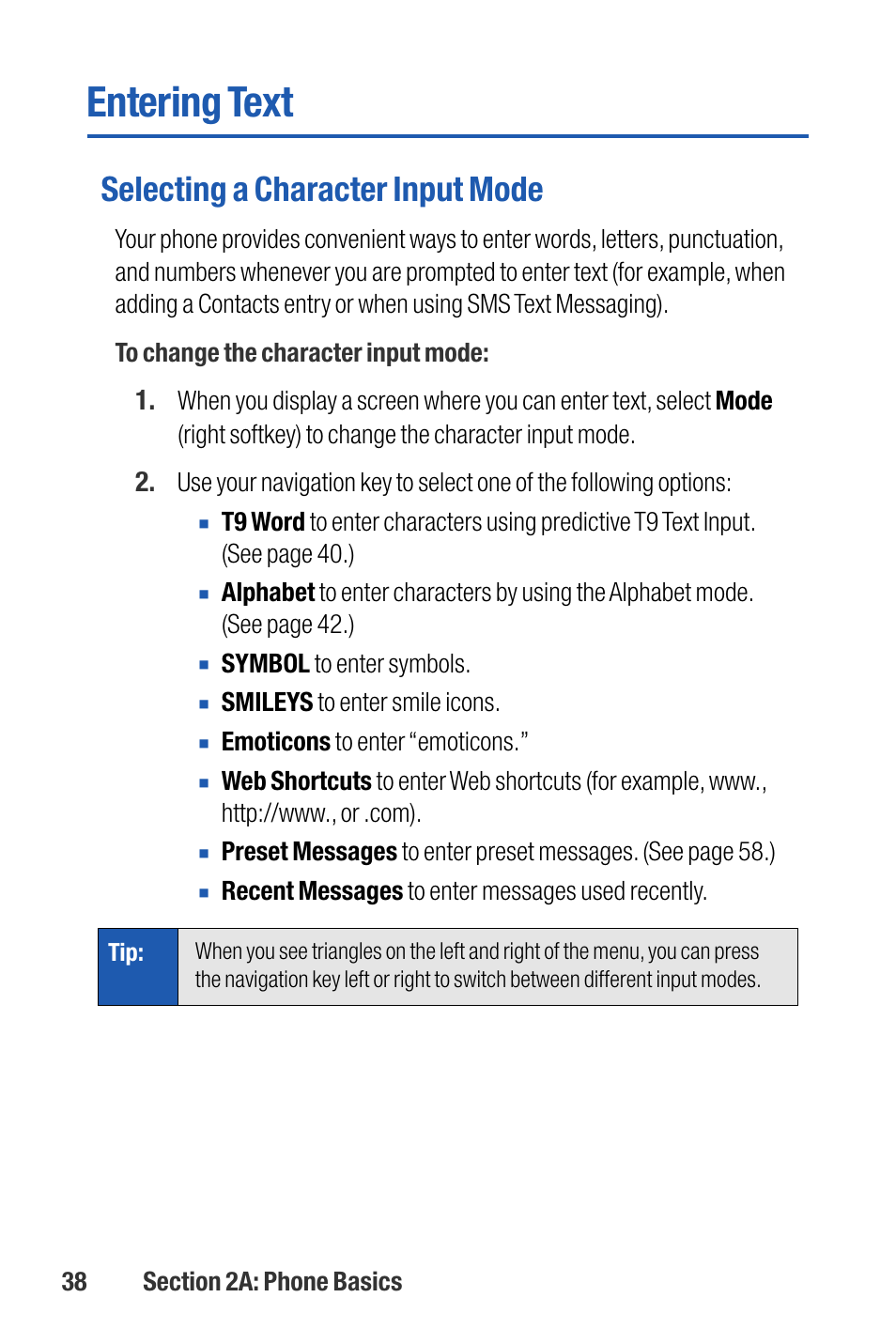 Entering text, Selecting a character input mode | Sanyo M1 User Manual | Page 54 / 284