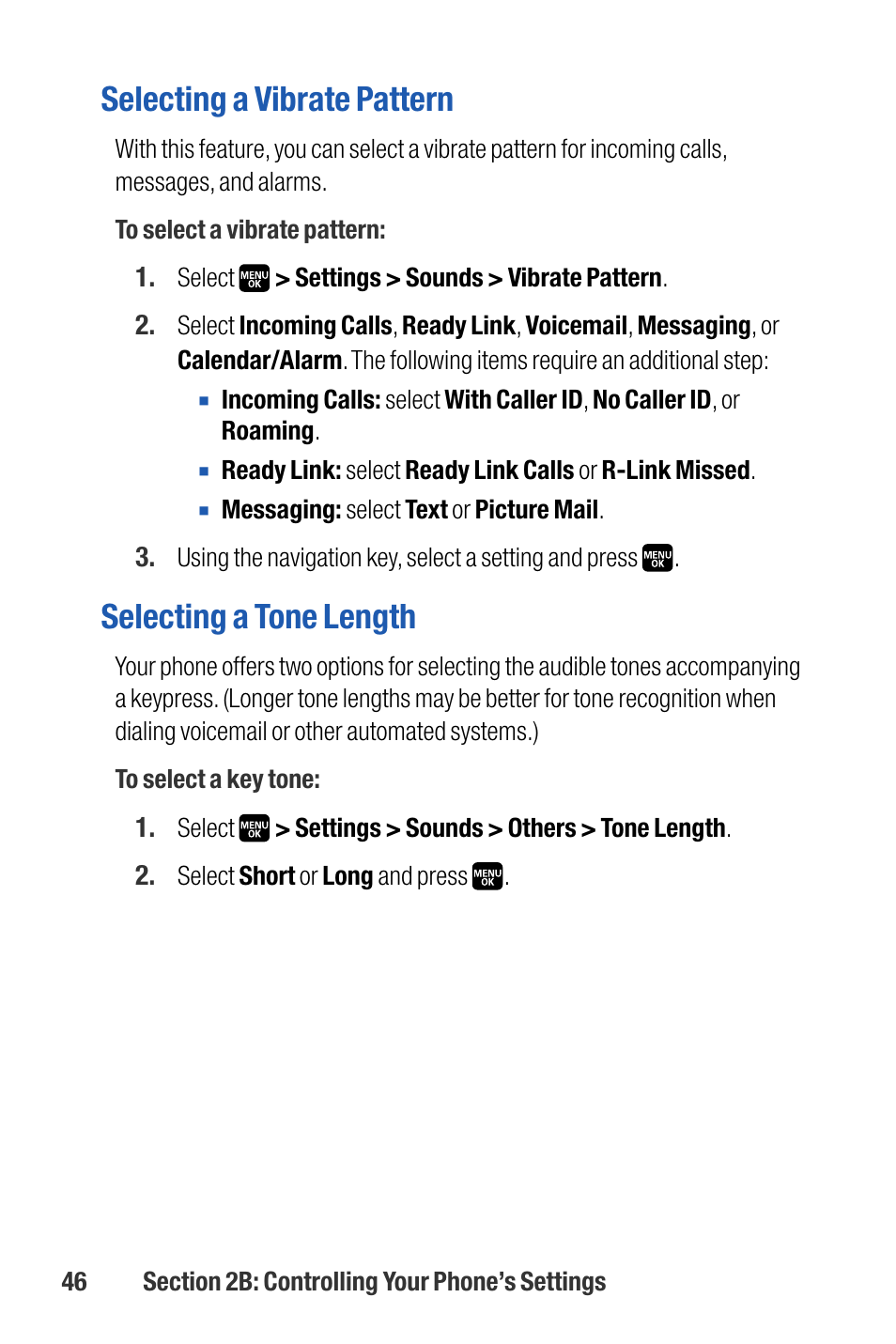 Selecting a vibrate pattern, Selecting a tone length | Sanyo M1 User Manual | Page 62 / 284