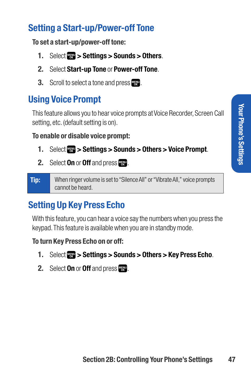 Setting a start-up/power-off tone, Using voice prompt, Setting up key press echo | Sanyo M1 User Manual | Page 63 / 284