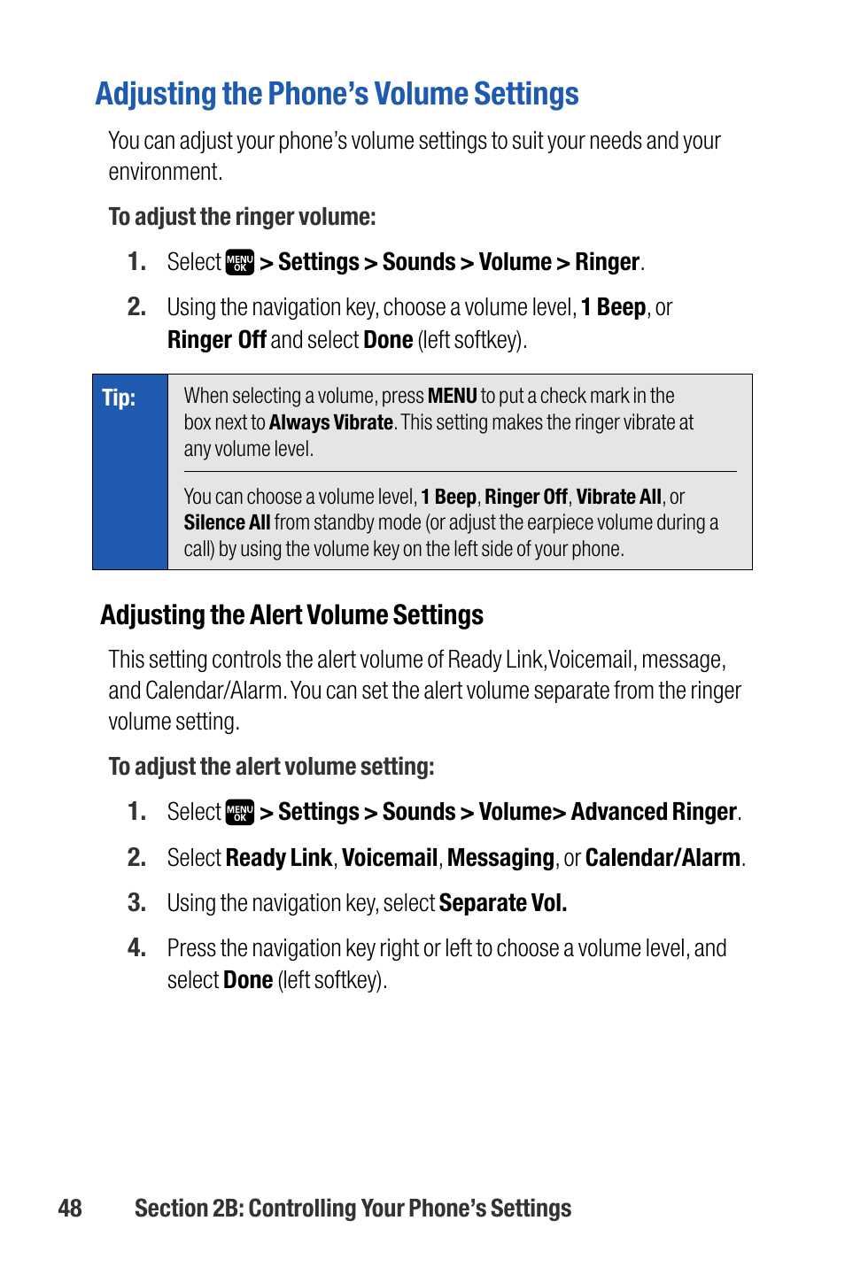 Adjusting the phone’s volume settings, Adjusting the alert volume settings | Sanyo M1 User Manual | Page 64 / 284