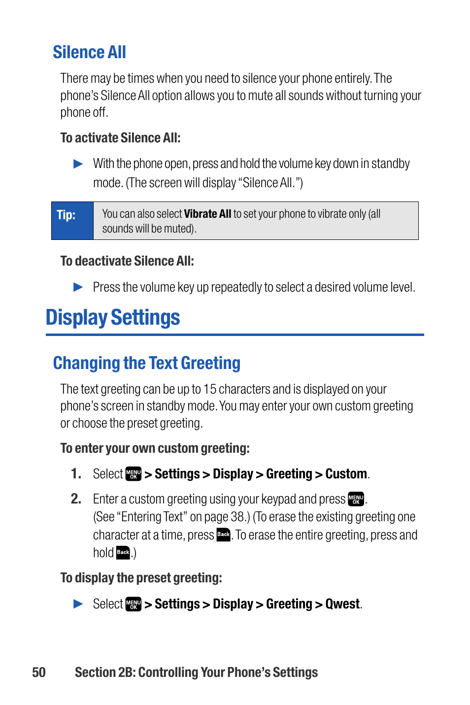 Display settings, Silence all, Changing the text greeting | Sanyo M1 User Manual | Page 66 / 284