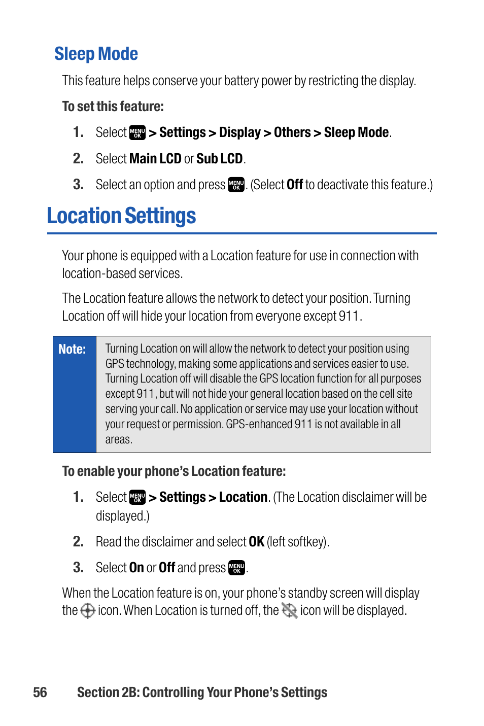 Location settings, Sleep mode | Sanyo M1 User Manual | Page 72 / 284