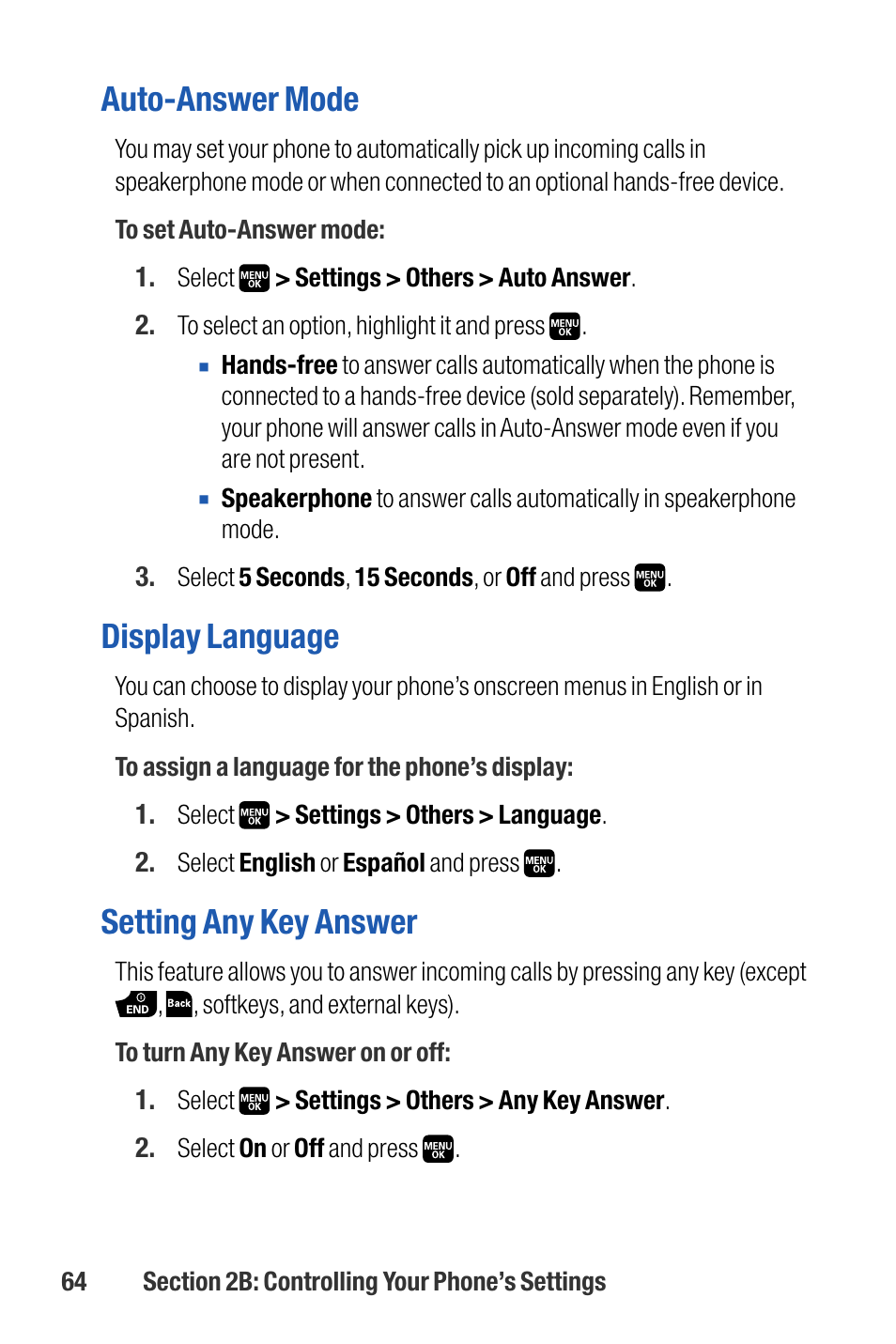 Auto-answer mode, Display language, Setting any key answer | Sanyo M1 User Manual | Page 80 / 284