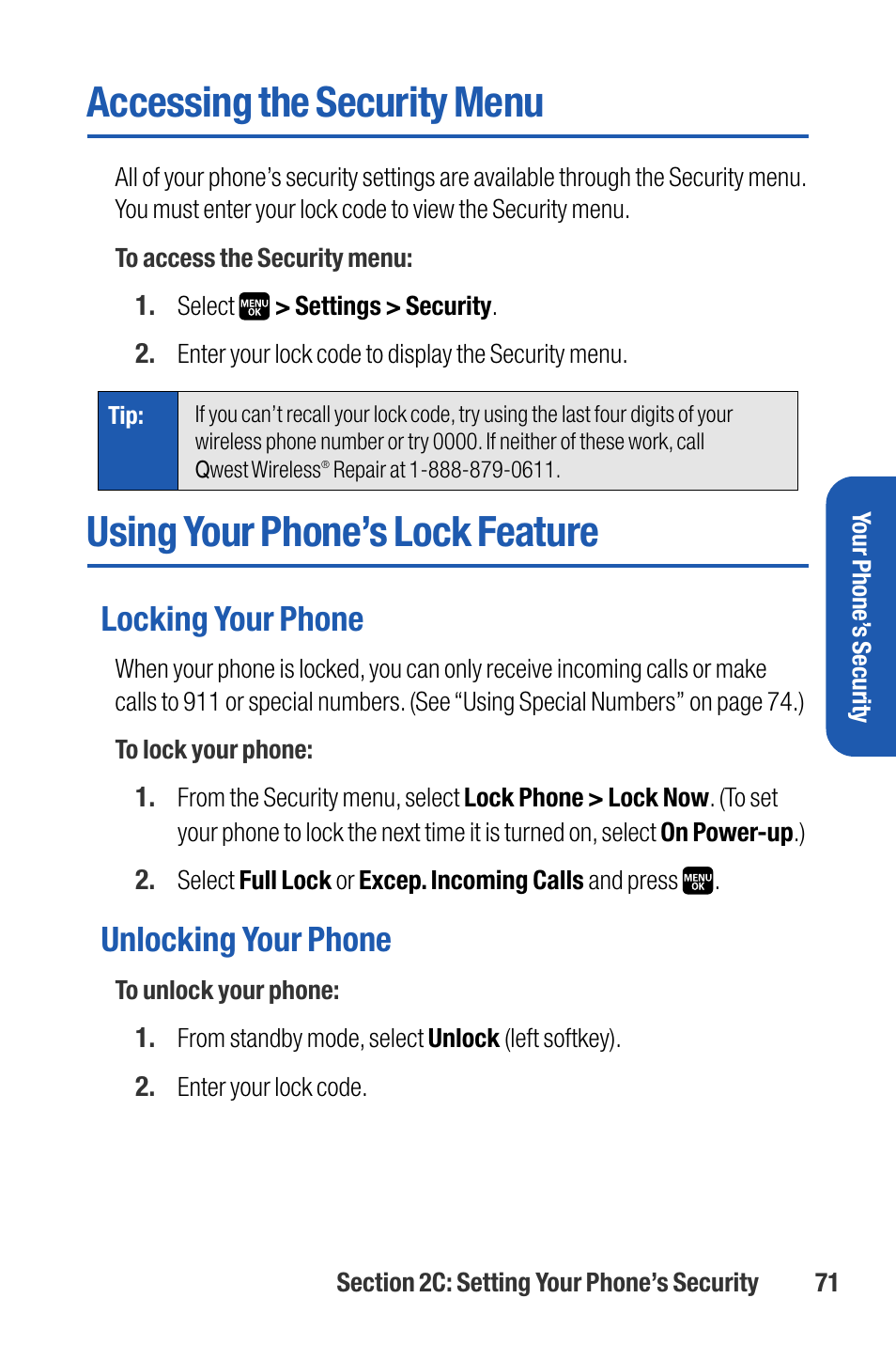 Accessing the security menu, Using your phone’s lock feature, Locking your phone | Unlocking your phone | Sanyo M1 User Manual | Page 87 / 284