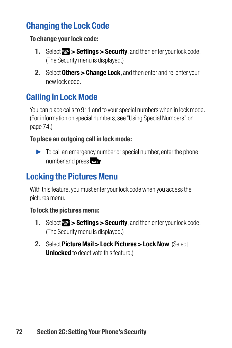 Changing the lock code, Calling in lock mode, Locking the pictures menu | Sanyo M1 User Manual | Page 88 / 284