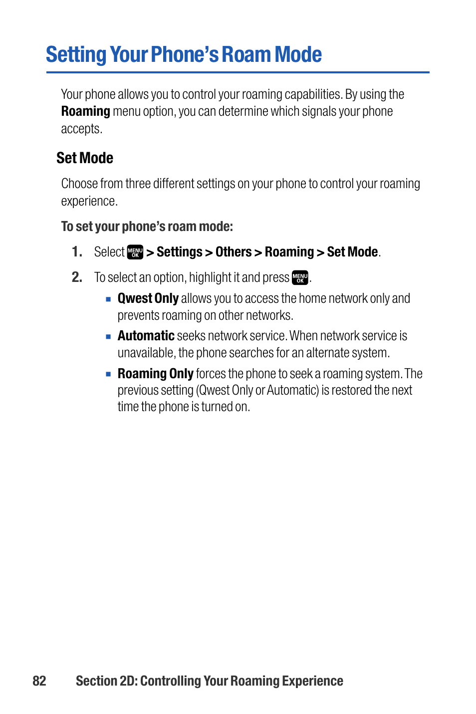 Setting your phone’s roam mode | Sanyo M1 User Manual | Page 98 / 284