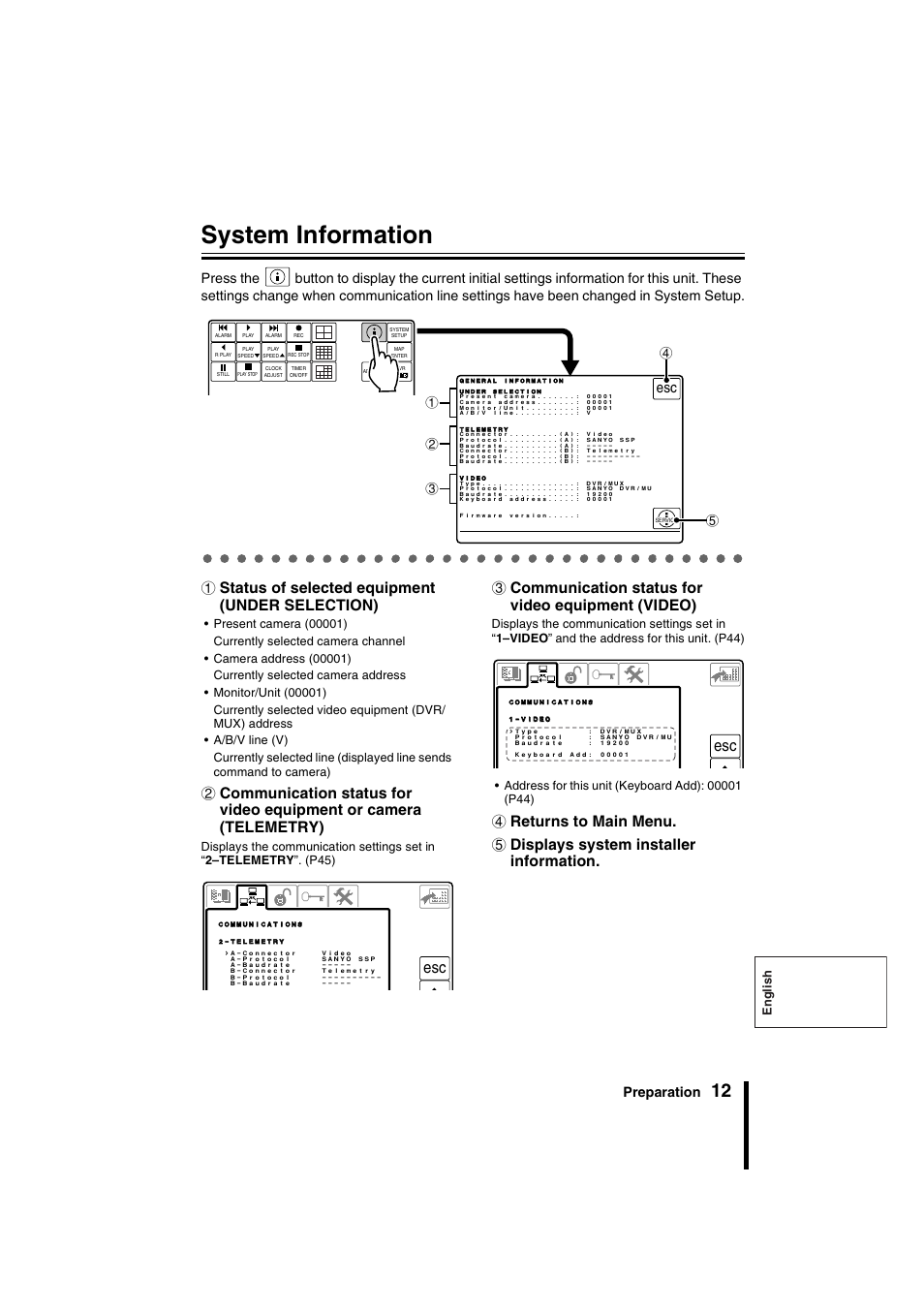 System information, 1status of selected equipment (under selection), 3communication status for video equipment (video) | Preparation | Sanyo VSP-9000 User Manual | Page 13 / 96
