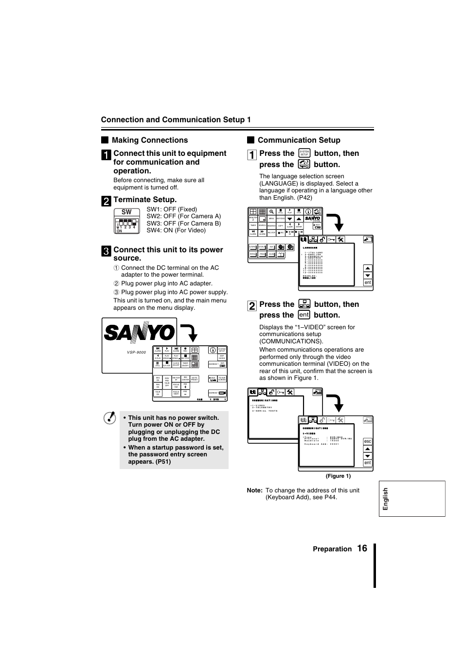 Connection and communication setup 1, Bmaking connections, Terminate setup | Connect this unit to its power source, Bcommunication setup, Press the button, then press the button, Preparation, English | Sanyo VSP-9000 User Manual | Page 17 / 96