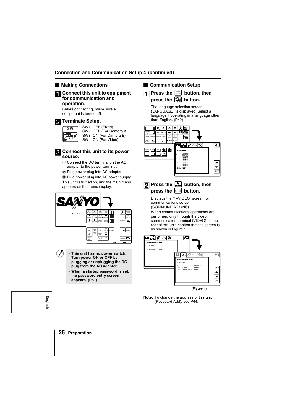 Connection and communication setup 4, Terminate setup, Connect this unit to its power source | Bcommunication setup, Press the button, then press the button, Preparation, English | Sanyo VSP-9000 User Manual | Page 26 / 96