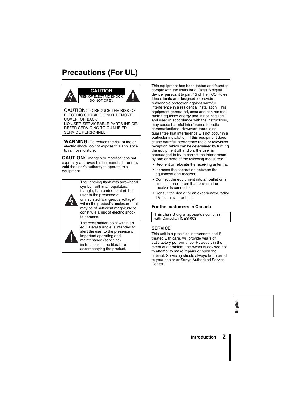 Precautions (for ul) | Sanyo VSP-9000 User Manual | Page 3 / 96