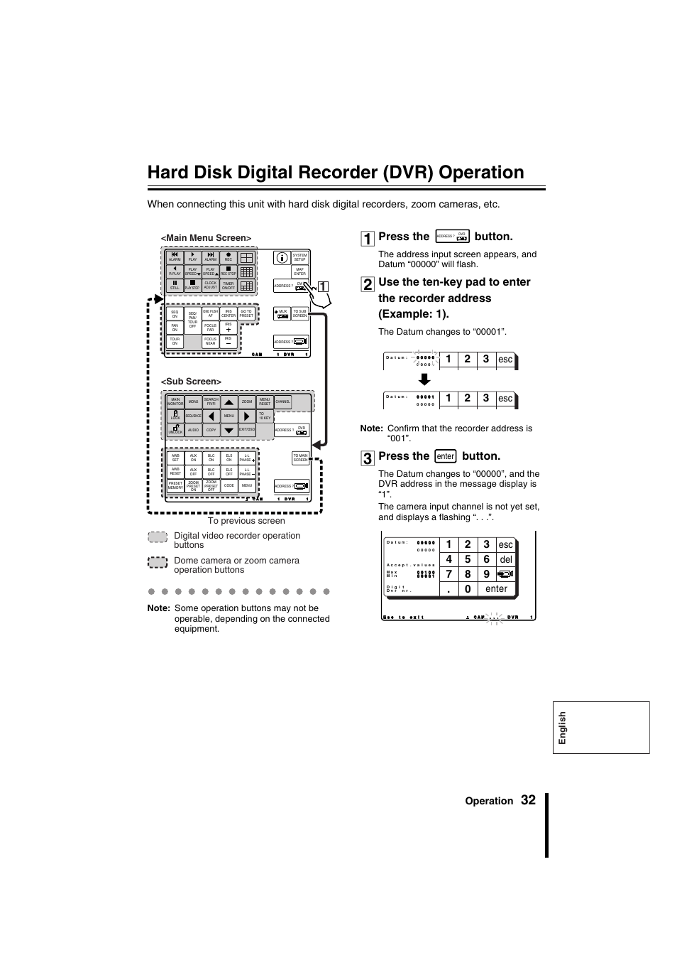 Hard disk digital recorder (dvr) operation, Press the button, Operation | Esc del enter, English, Enter | Sanyo VSP-9000 User Manual | Page 33 / 96