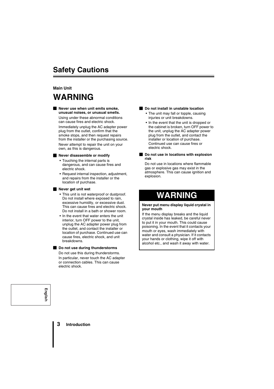 Warning, Safety cautions | Sanyo VSP-9000 User Manual | Page 4 / 96