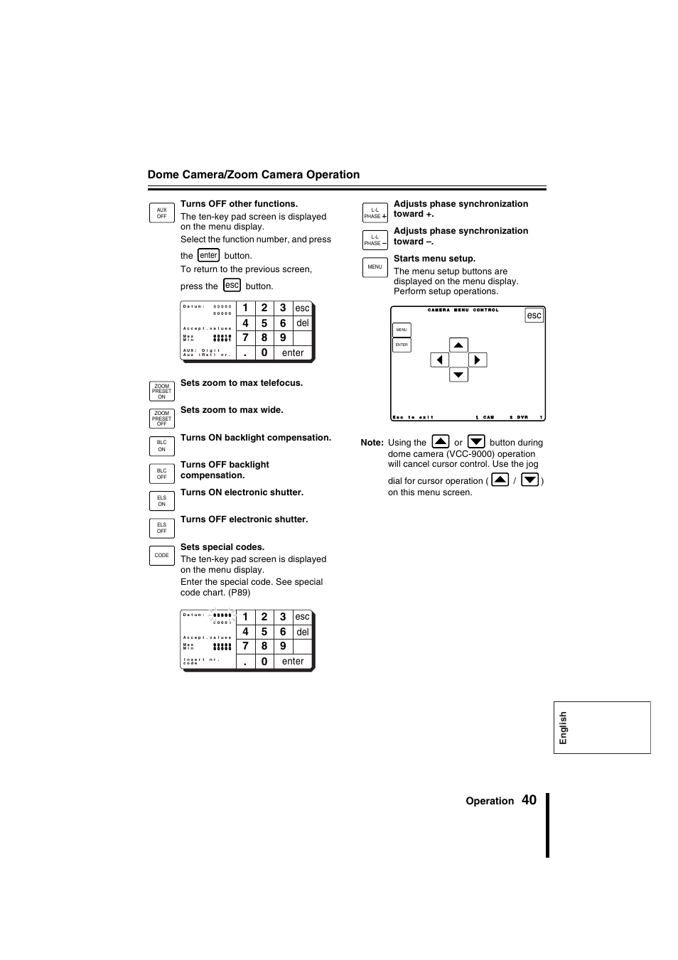 Dome camera/zoom camera operation, Operation, Esc del enter | Sanyo VSP-9000 User Manual | Page 41 / 96