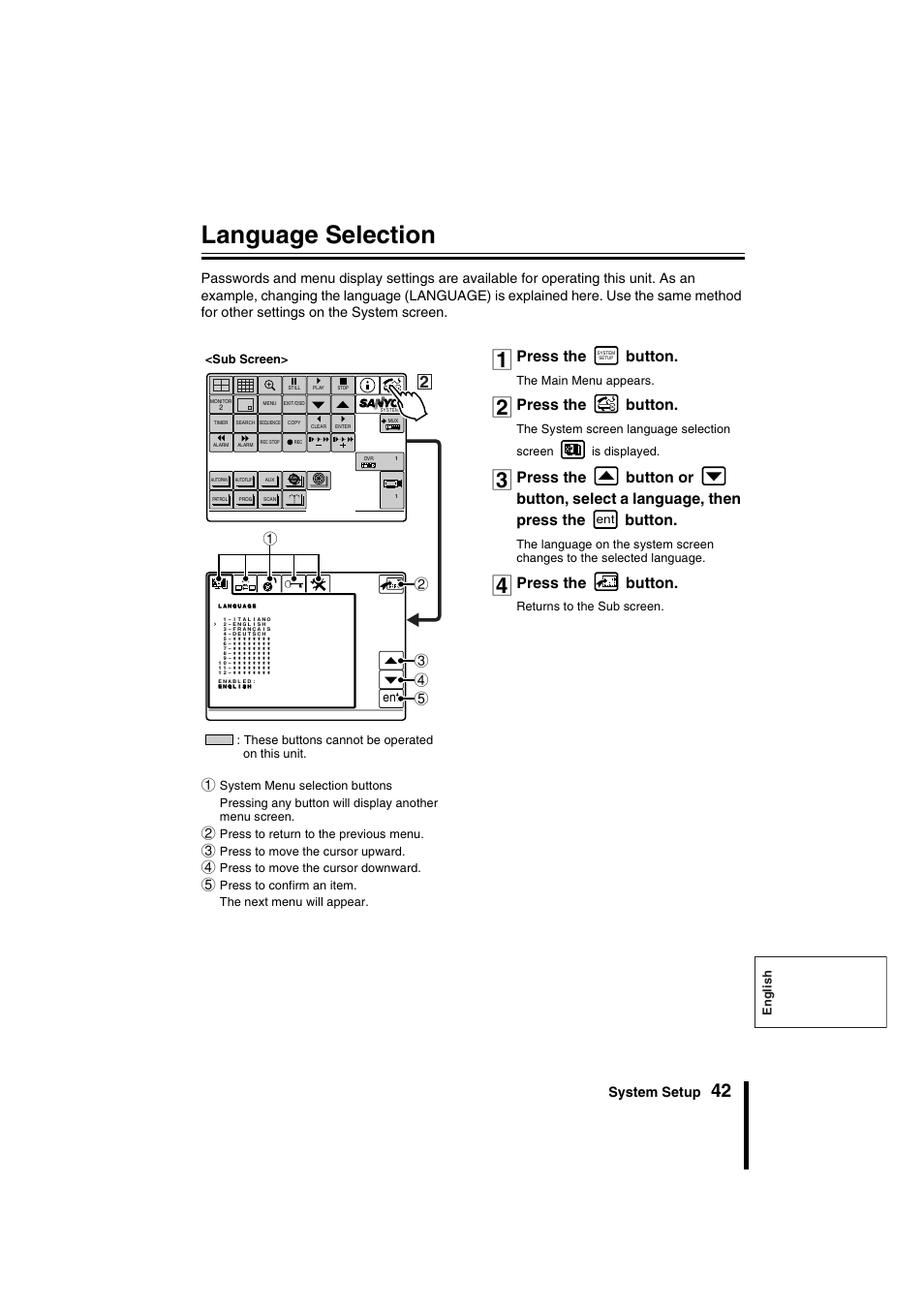 Language selection, Press the button | Sanyo VSP-9000 User Manual | Page 43 / 96