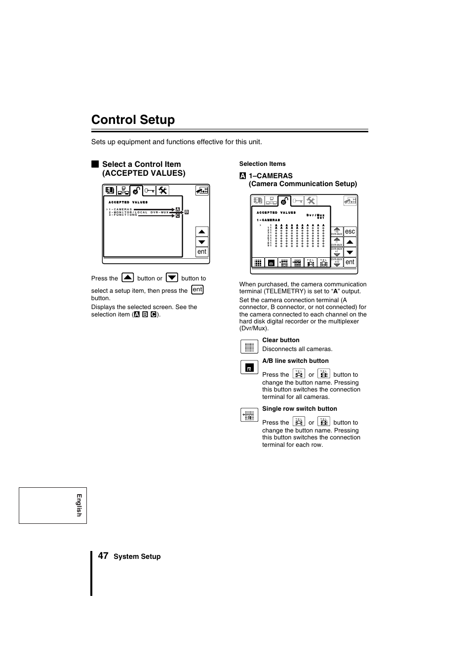 Control setup, Bselect a control item (accepted values), System setup | A1–cameras (camera communication setup), Ent esc, English | Sanyo VSP-9000 User Manual | Page 48 / 96