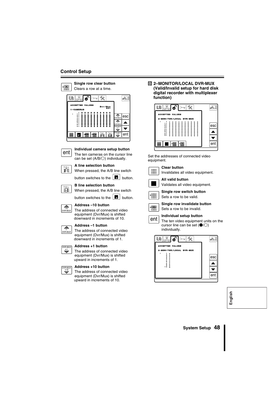 Control setup, System setup, Ent esc | Sanyo VSP-9000 User Manual | Page 49 / 96