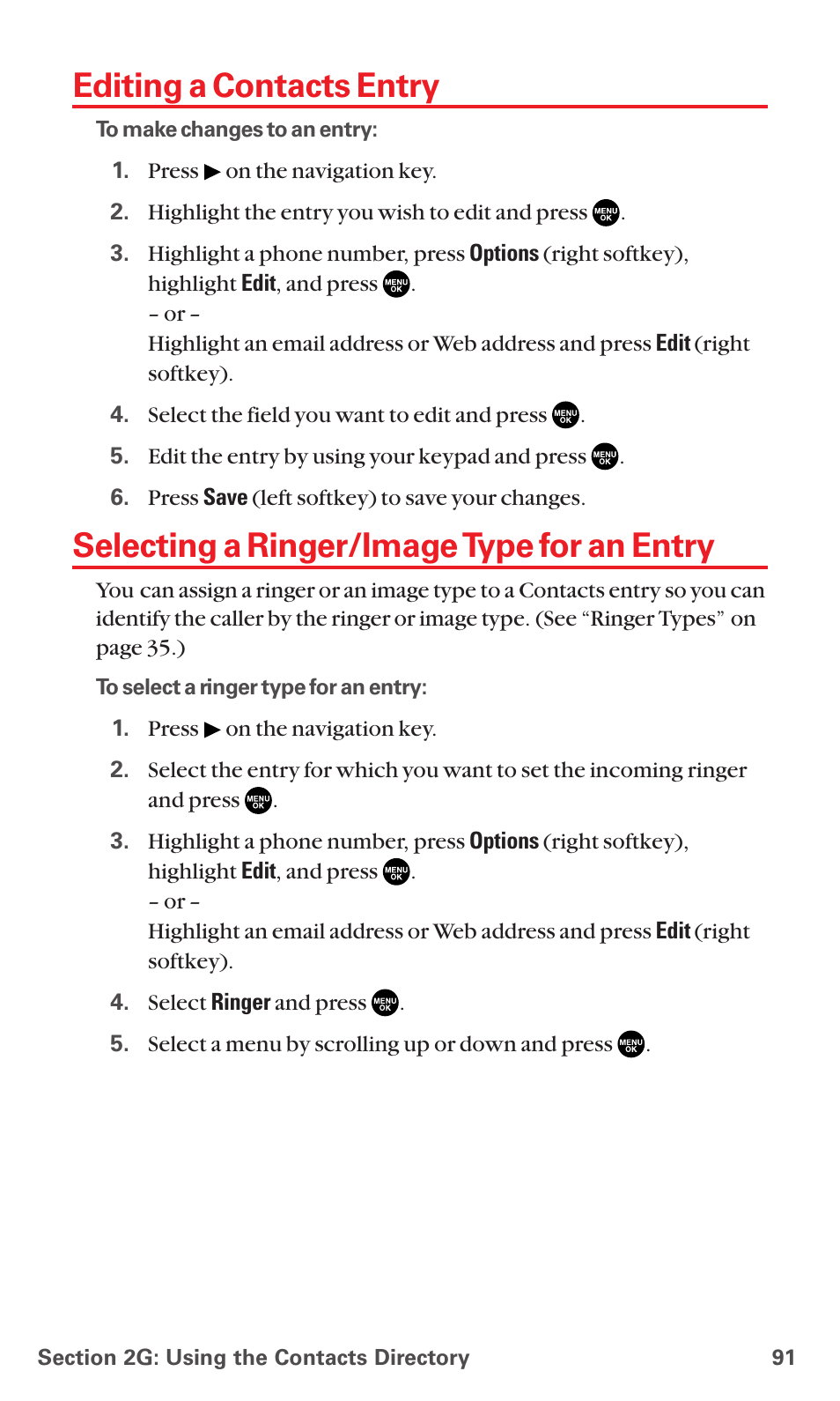 Editing a contacts entry, Selecting a ringer/image type for an entry | Sanyo RL7300 User Manual | Page 102 / 252