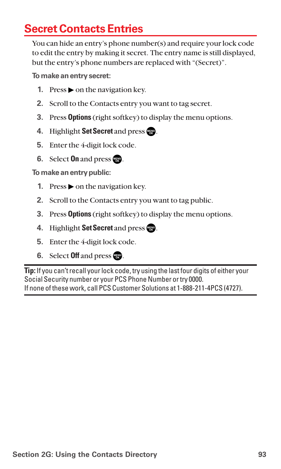 Secret contacts entries | Sanyo RL7300 User Manual | Page 104 / 252