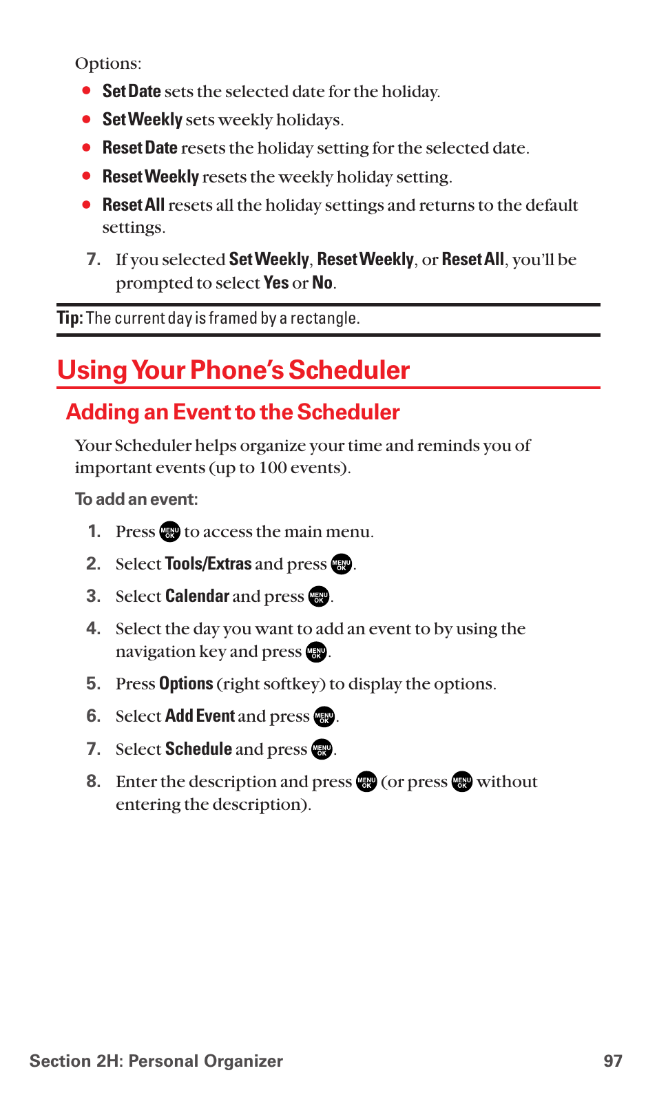 Using your phone’s scheduler, Adding an event to the scheduler | Sanyo RL7300 User Manual | Page 108 / 252