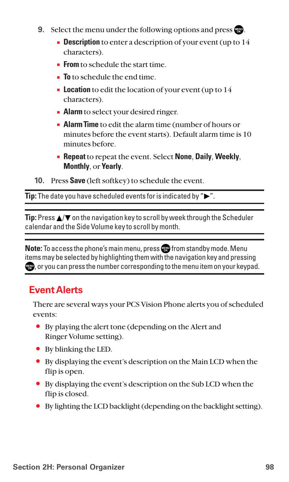 Event alerts | Sanyo RL7300 User Manual | Page 109 / 252