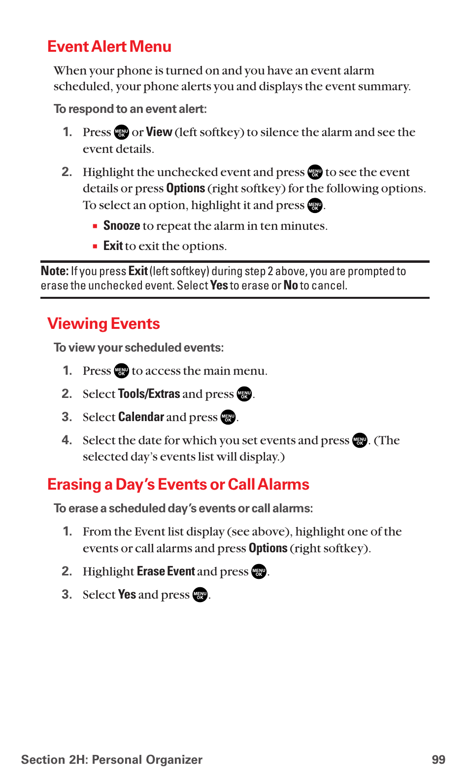 Event alert menu, Viewing events, Erasing a day’s events or call alarms | Sanyo RL7300 User Manual | Page 110 / 252