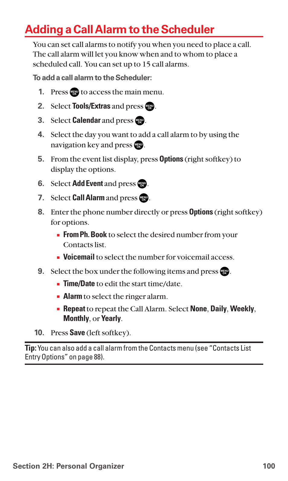 Adding a call alarm to the scheduler | Sanyo RL7300 User Manual | Page 111 / 252