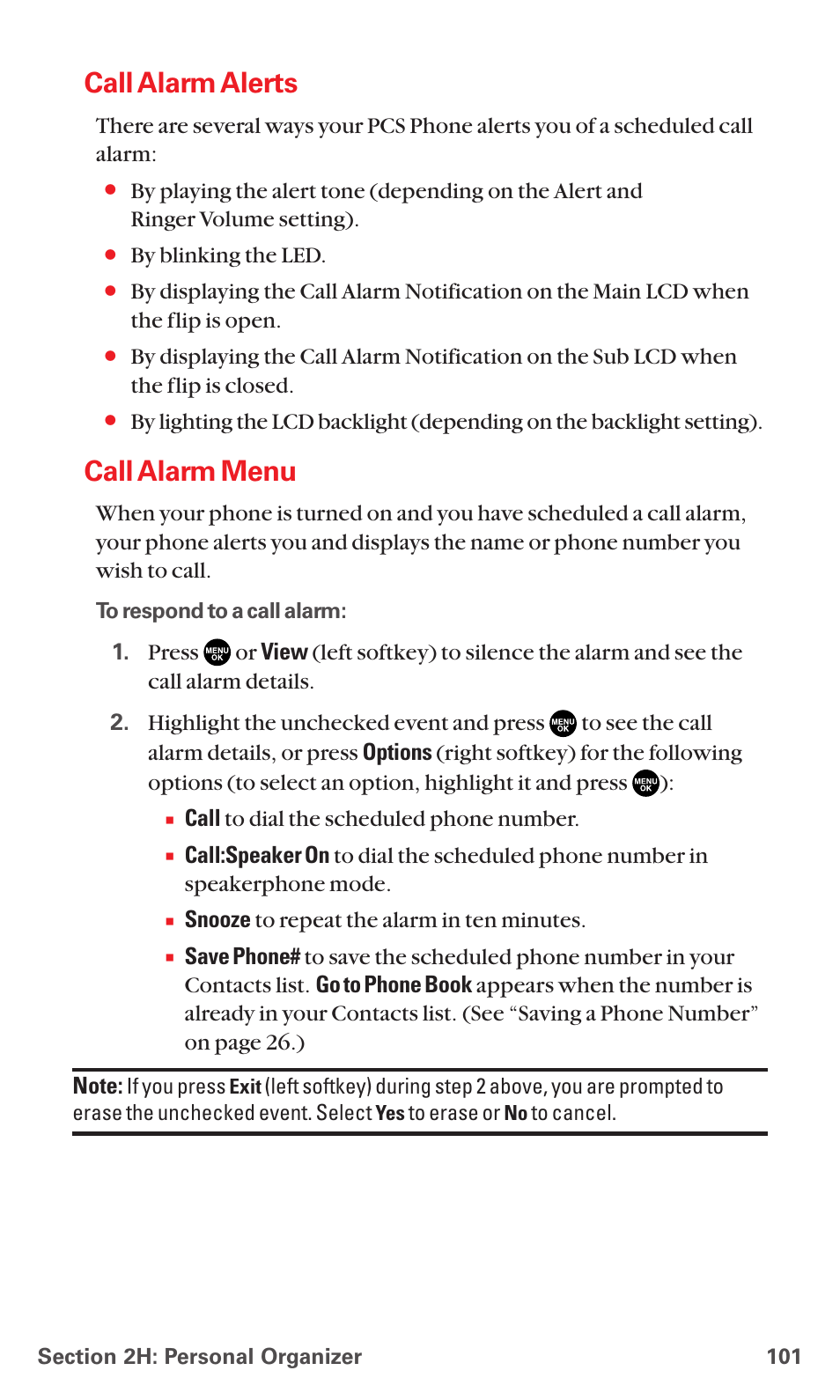 Call alarm alerts, Call alarm menu | Sanyo RL7300 User Manual | Page 112 / 252