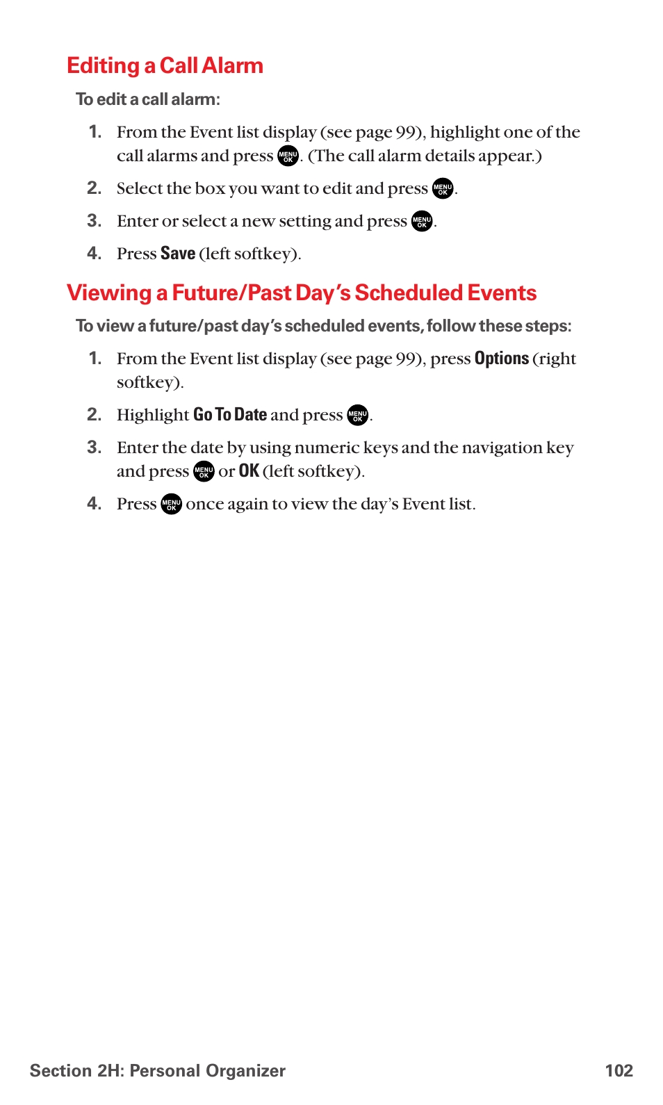 Editing a call alarm, Viewing a future/past day’s scheduled events | Sanyo RL7300 User Manual | Page 113 / 252