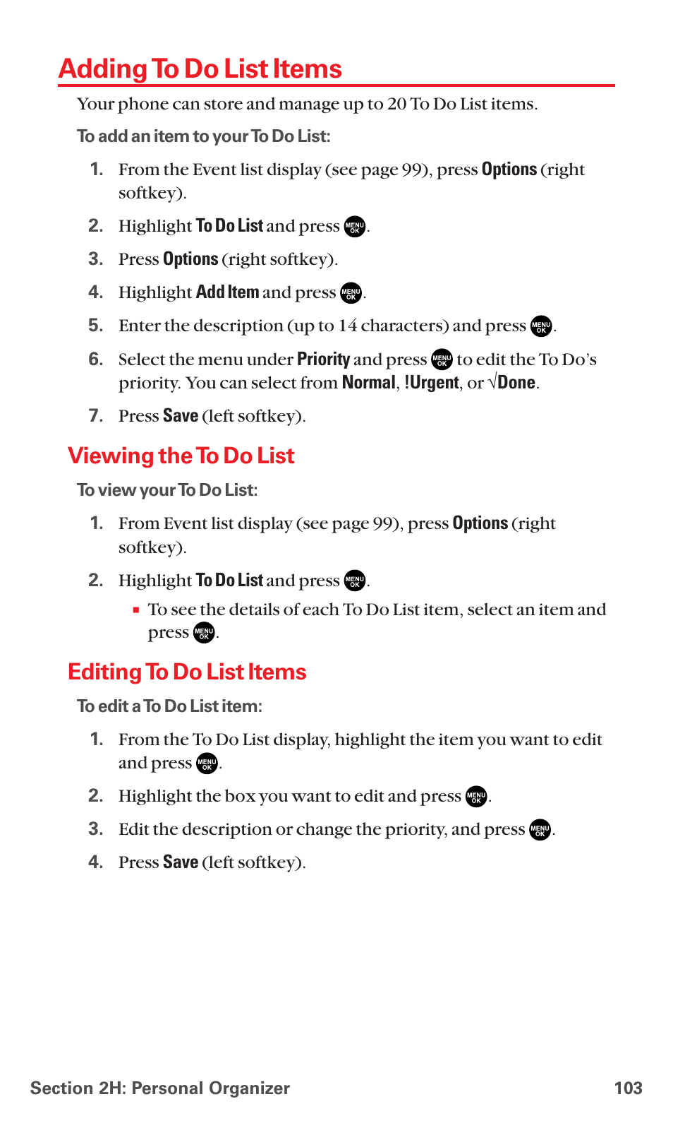 Adding to do list items, Viewing the to do list, Editing to do list items | Sanyo RL7300 User Manual | Page 114 / 252