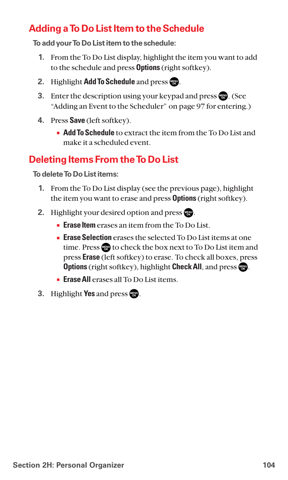 Adding a to do list item to the schedule, Deleting items from the to do list | Sanyo RL7300 User Manual | Page 115 / 252