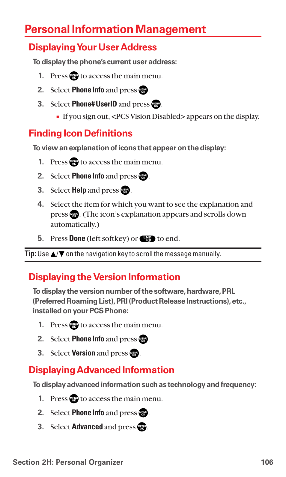 Personal information management, Displaying your user address, Finding icon definitions | Displaying the version information, Displaying advanced information | Sanyo RL7300 User Manual | Page 117 / 252