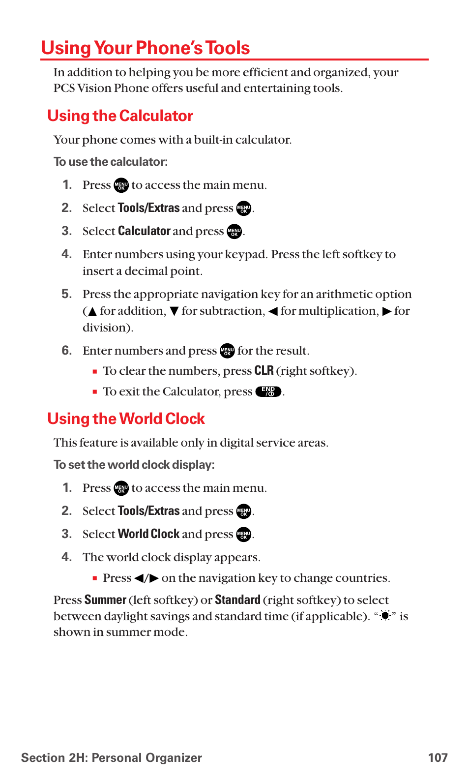 Using your phone’s tools, Using the calculator, Using the world clock | Sanyo RL7300 User Manual | Page 118 / 252