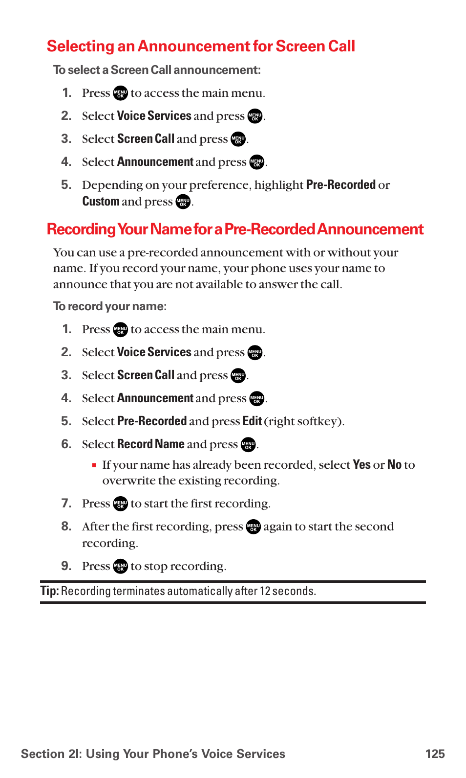 Selecting an announcement for screen call | Sanyo RL7300 User Manual | Page 136 / 252