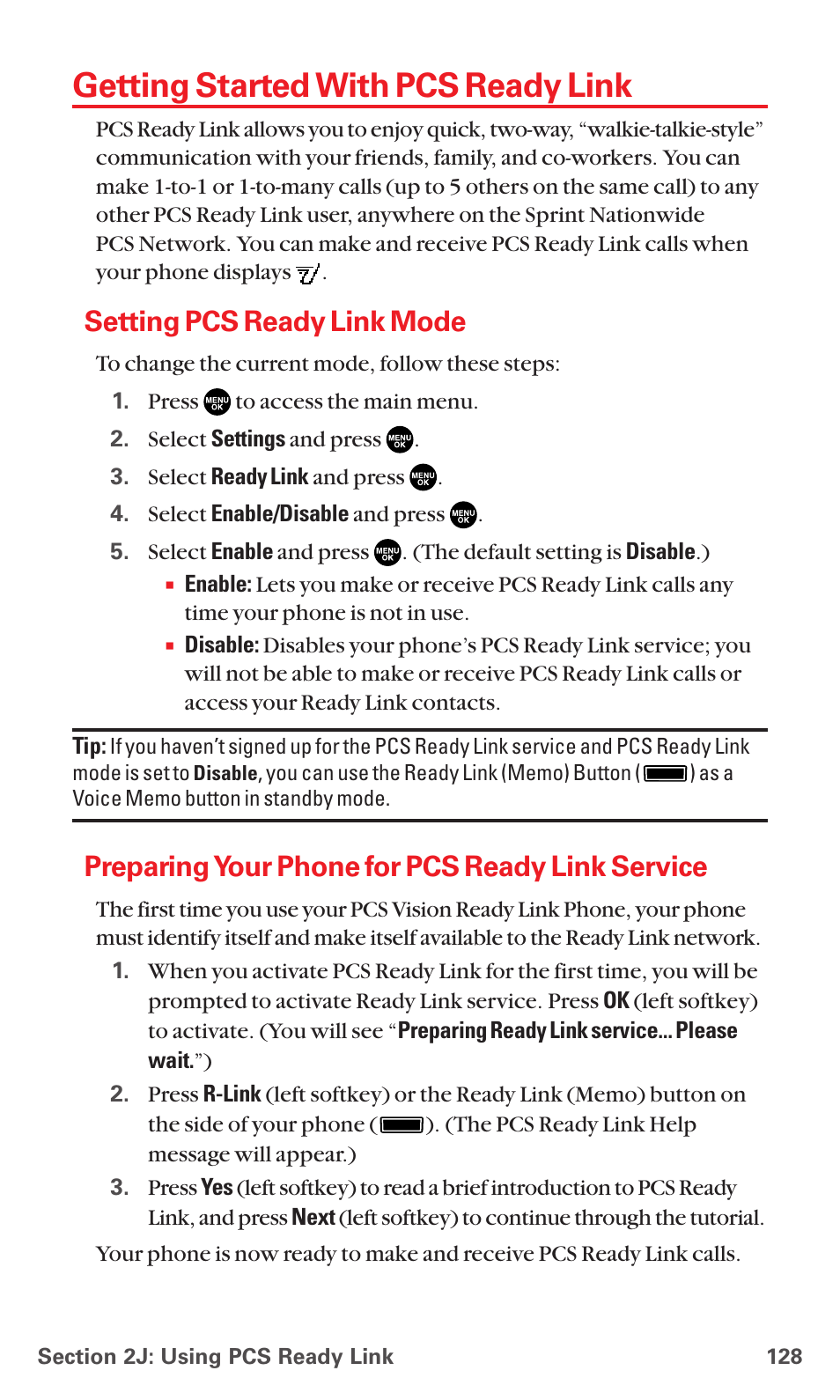 Getting started with pcs ready link, Setting pcs ready link mode, Preparing your phone for pcs ready link service | Sanyo RL7300 User Manual | Page 139 / 252