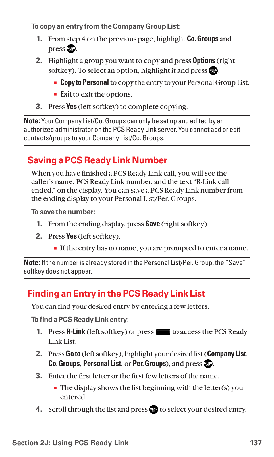 Saving a pcs ready link number, Finding an entry in the pcs ready link list | Sanyo RL7300 User Manual | Page 148 / 252