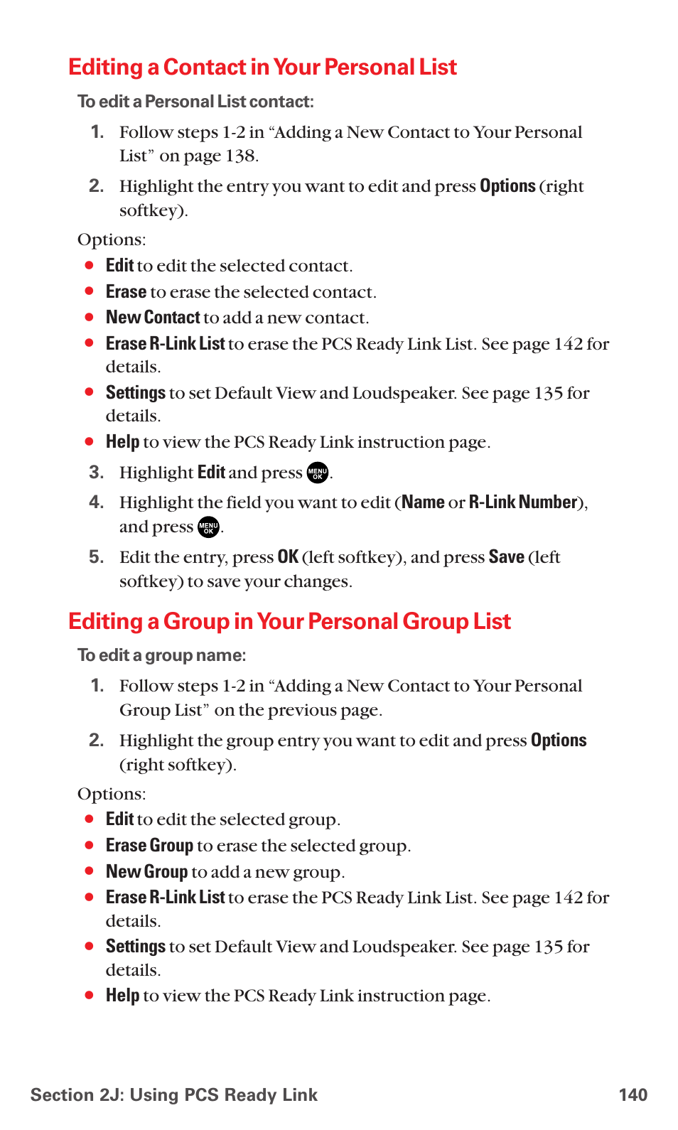 Editing a contact in your personal list, Editing a group in your personal group list | Sanyo RL7300 User Manual | Page 151 / 252