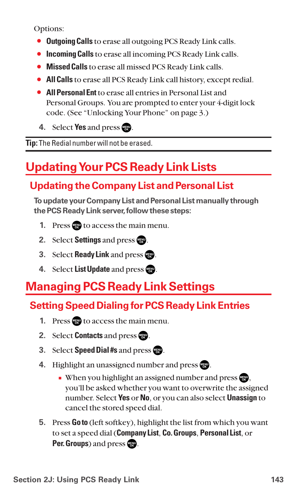 Updating your pcs ready link lists, Updating the company list and personal list, Managing pcs ready link settings | Setting speed dialing for pcs ready link entries | Sanyo RL7300 User Manual | Page 154 / 252