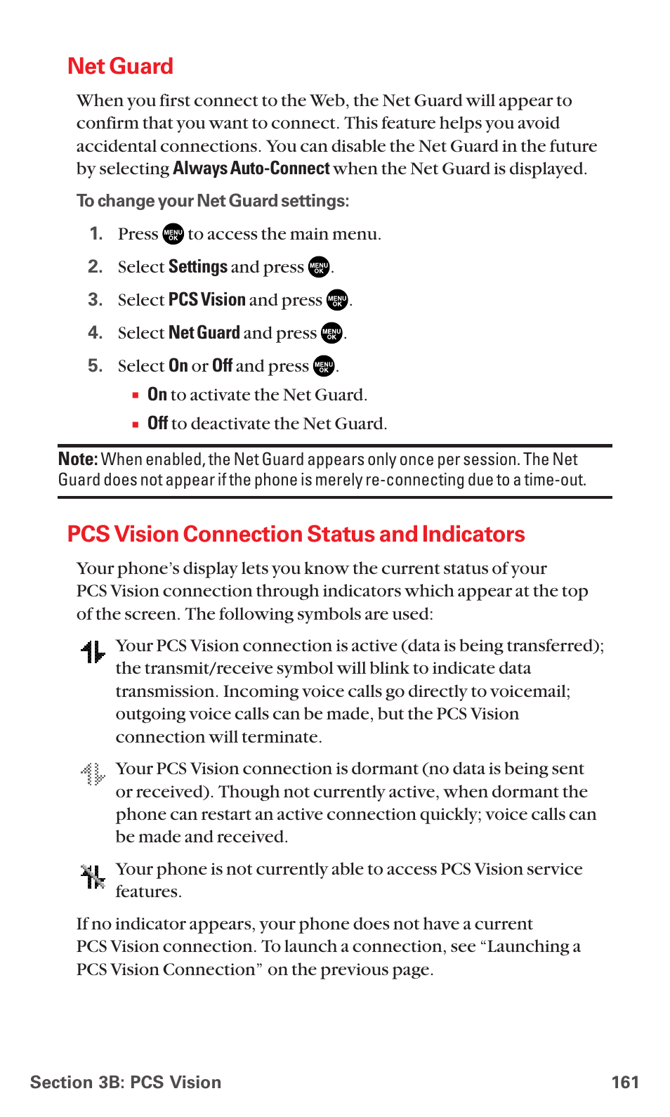 Net guard, Pcs vision connection status and indicators | Sanyo RL7300 User Manual | Page 172 / 252